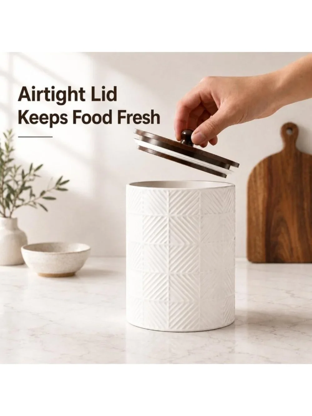 Airtight Ceramic Kitchen Canister Set of 3 with Bamboo Lids - Flour, Sugar, Tea